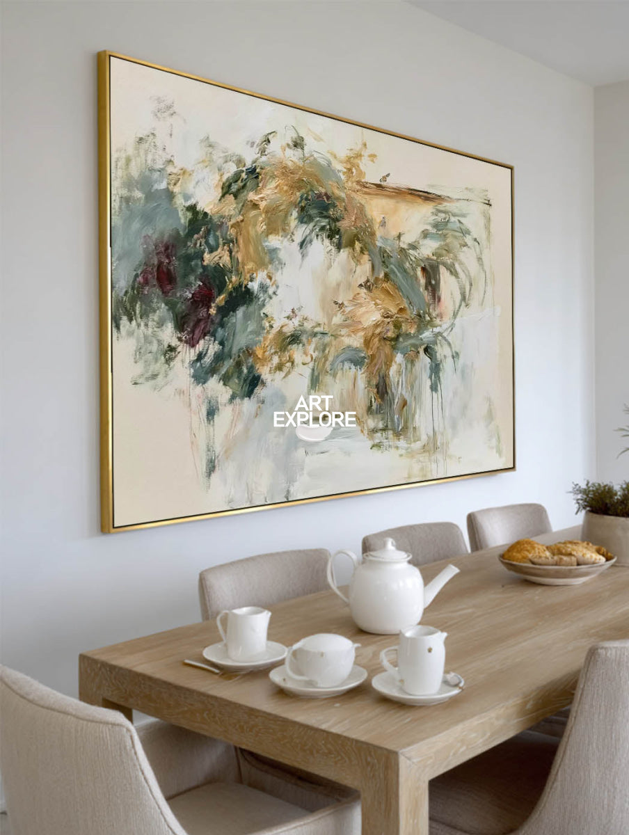 Abstract Beige And Green Canvas Painting With Textured Strokes