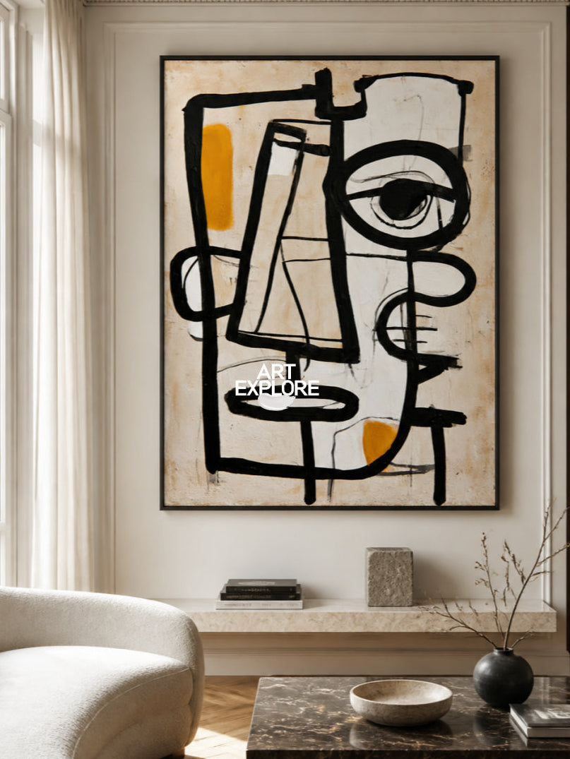 Abstract Eye Canvas Painting Minimalist Black Beige Line Art