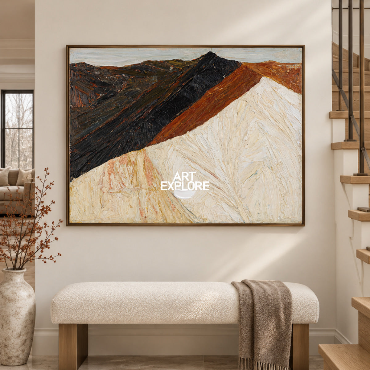 Abstract Mountain Landscape Canvas Painting With Earthy Tones And Textured Brushwork