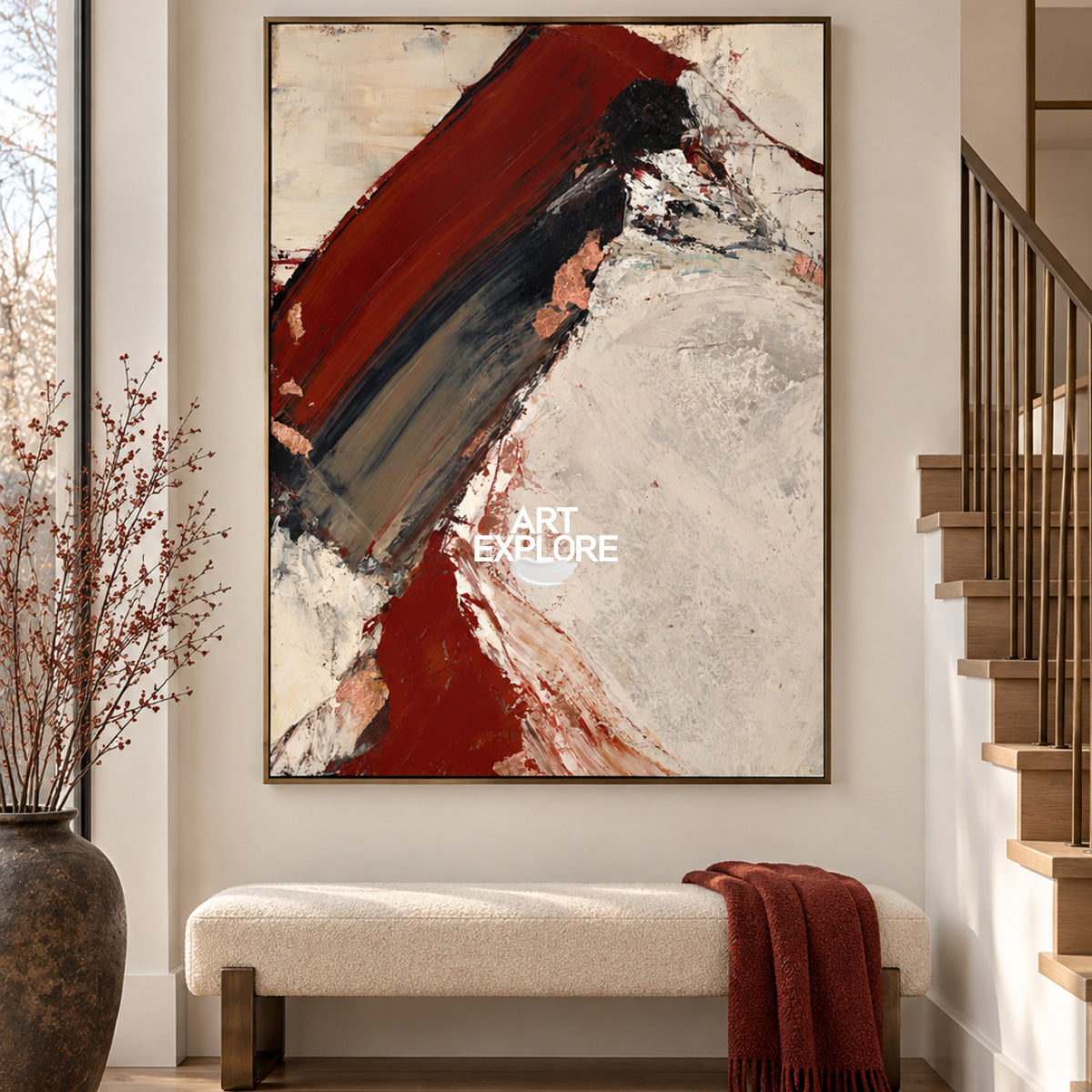 Modern Bold Red And Beige Abstract Canvas Painting Hand-Painted Wall Art