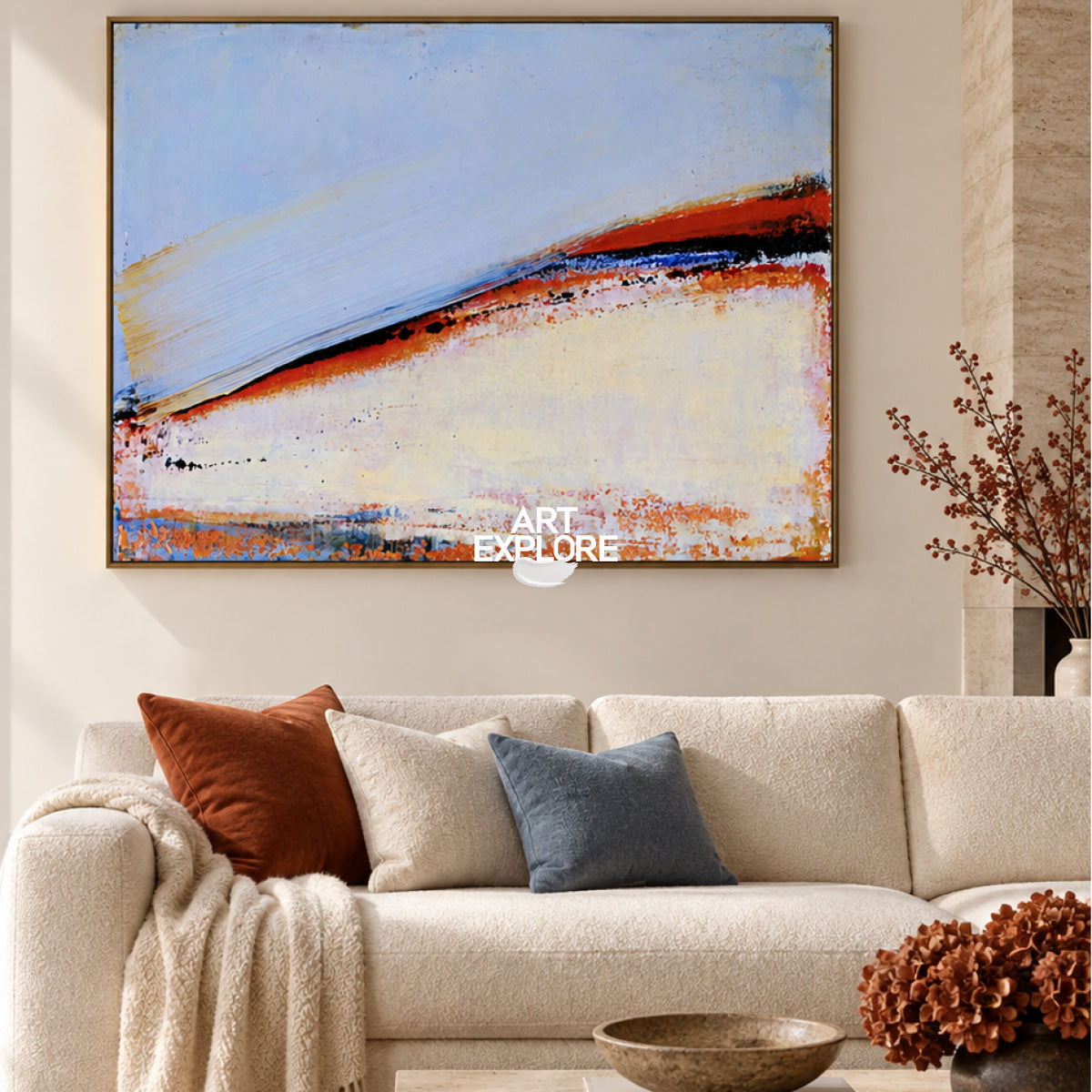 Contemporary Abstract Painting With Textured Blue Red Tones
