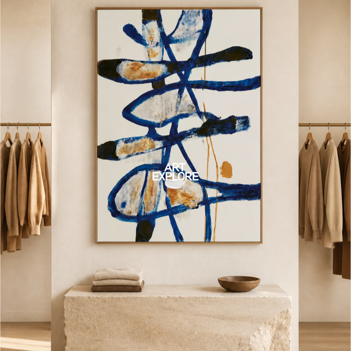 Modern Blue Wall Art For Living Room Minimalist Abstract Canvas Painting Original