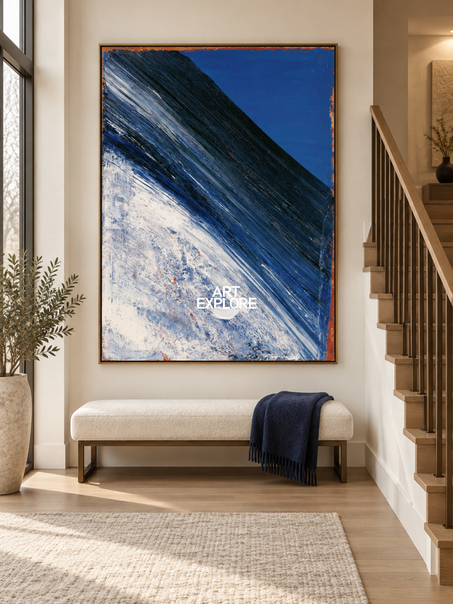 Blue And White Abstract Canvas Painting With Dynamic Diagonal Lines