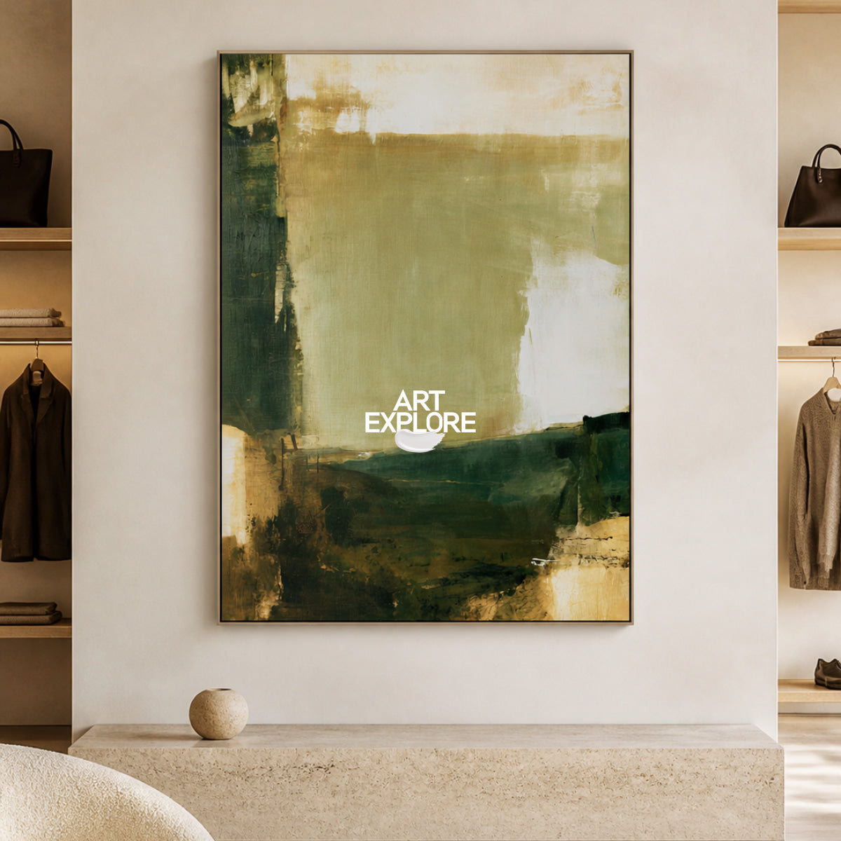 Hand-Painted Minimalist Abstract Art In Earthy Green Tones For Modern Homes