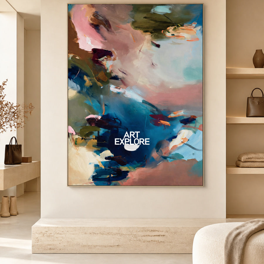 Modern Abstract Wall Art In Pink And Blue For Living Room And Bedroom Decor