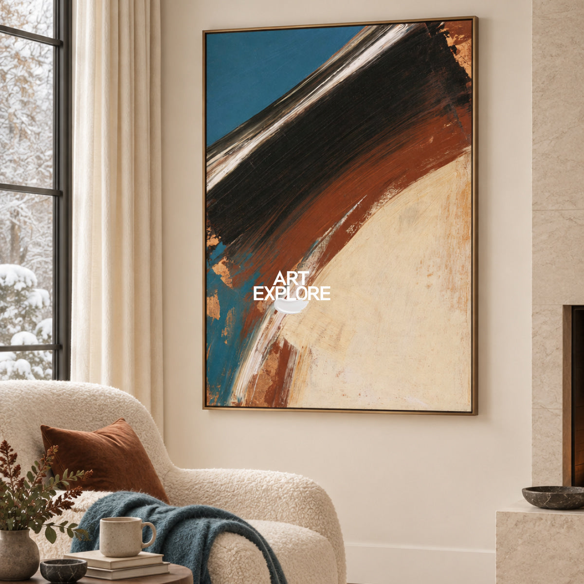 Abstract Blue And Beige Canvas Painting With Earthy Brown Tones