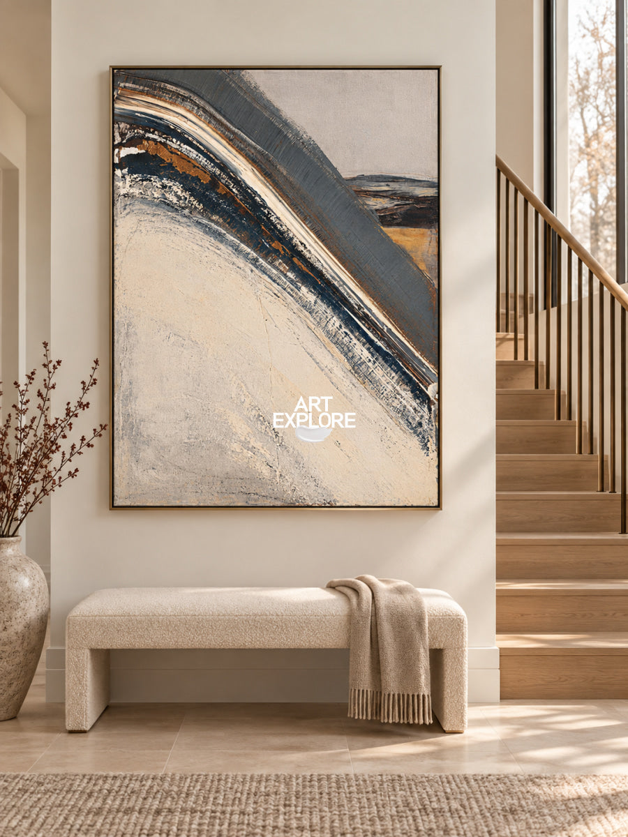 Abstract Grey And Beige Canvas Painting With Blue Accents For Modern Decor