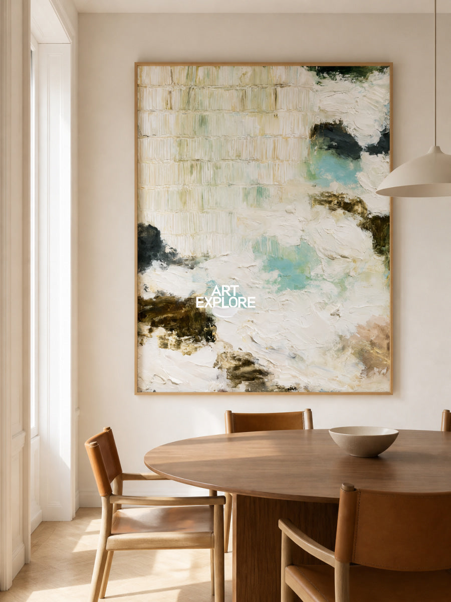 Abstract Textured Canvas Painting With Beige Grid And Teal Waves
