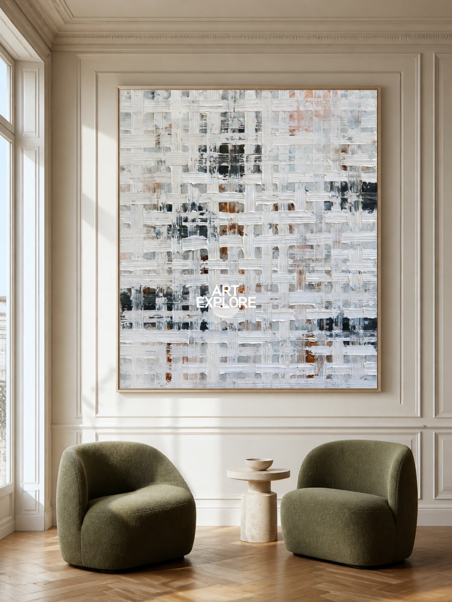Abstract Geometric White Canvas Painting With 3D Texture For Modern Walls