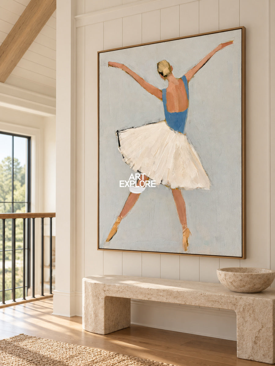 Ballerina Canvas Painting Minimalist Blue And Beige Hand-Painted Wall Art