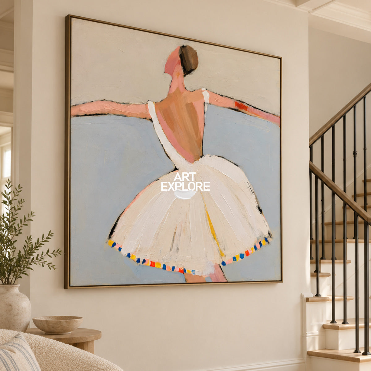 Minimalist Ballerina Canvas Painting In Beige And Blue Tones