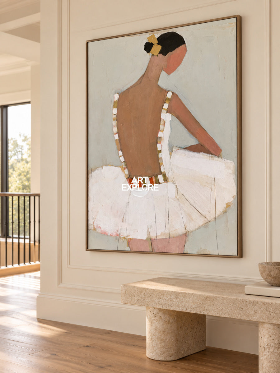 Ballerina Canvas Painting Minimalist Beige And Brown Hand-Painted Wall Art
