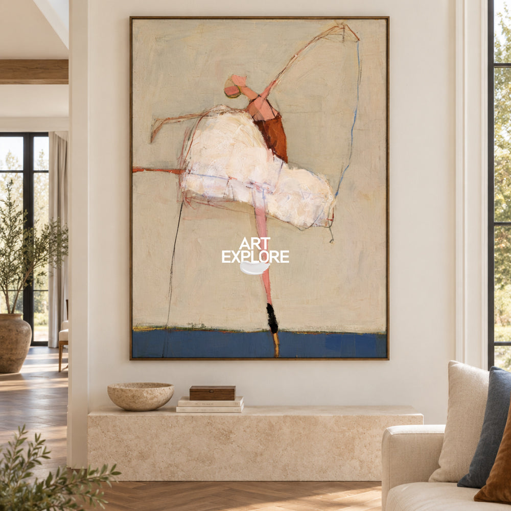 Abstract Ballet Dancer Canvas Painting In Beige And Blue Tones Hand ...