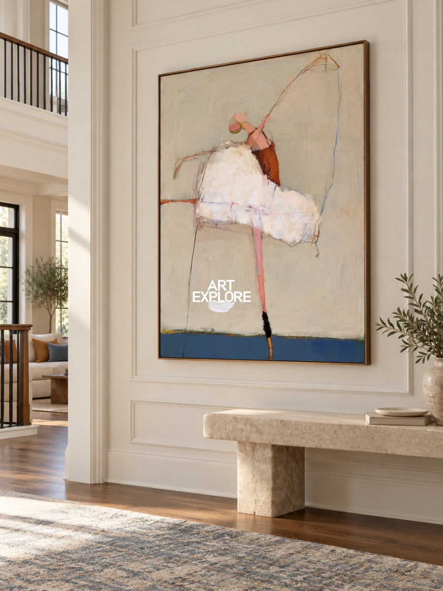 Abstract Ballet Dancer Canvas Painting In Beige And Blue Tones Hand-Painted Wall Art