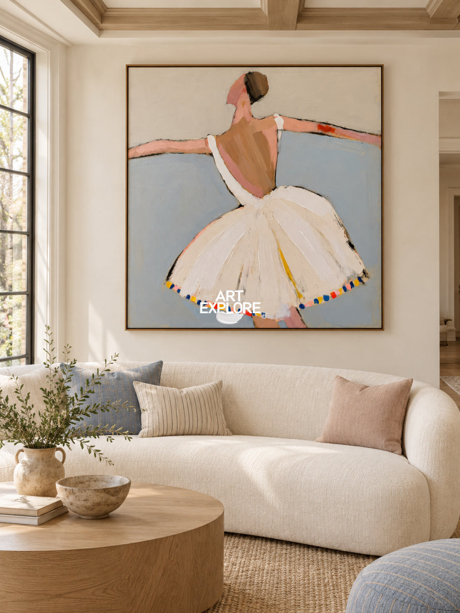 Minimalist Ballerina Canvas Painting In Beige And Blue Tones