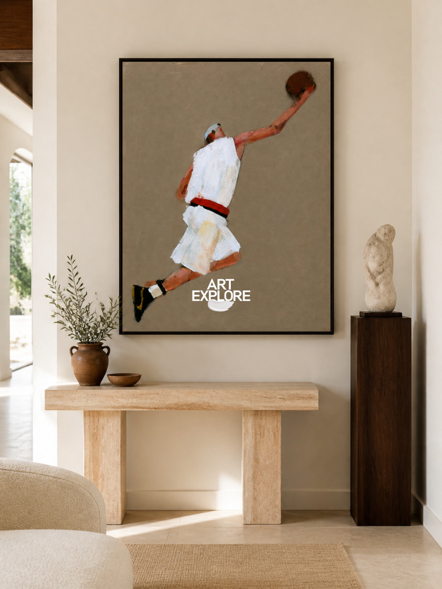 Abstract Basketball Player Canvas Painting In Brown And White For Modern Walls