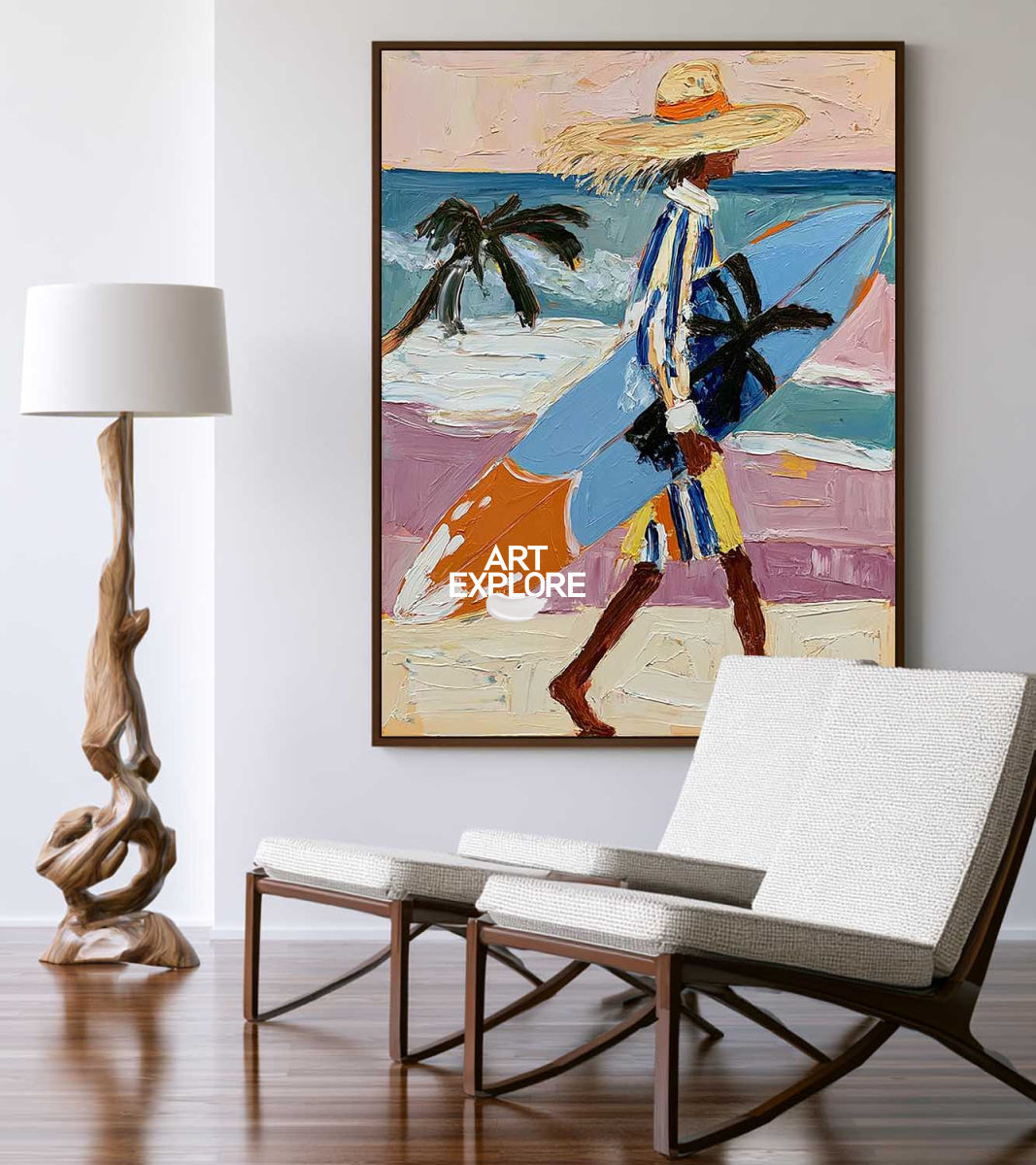 Abstract Surfer Painting Hand-Painted Beach Wall Art With Blue Orange Tones