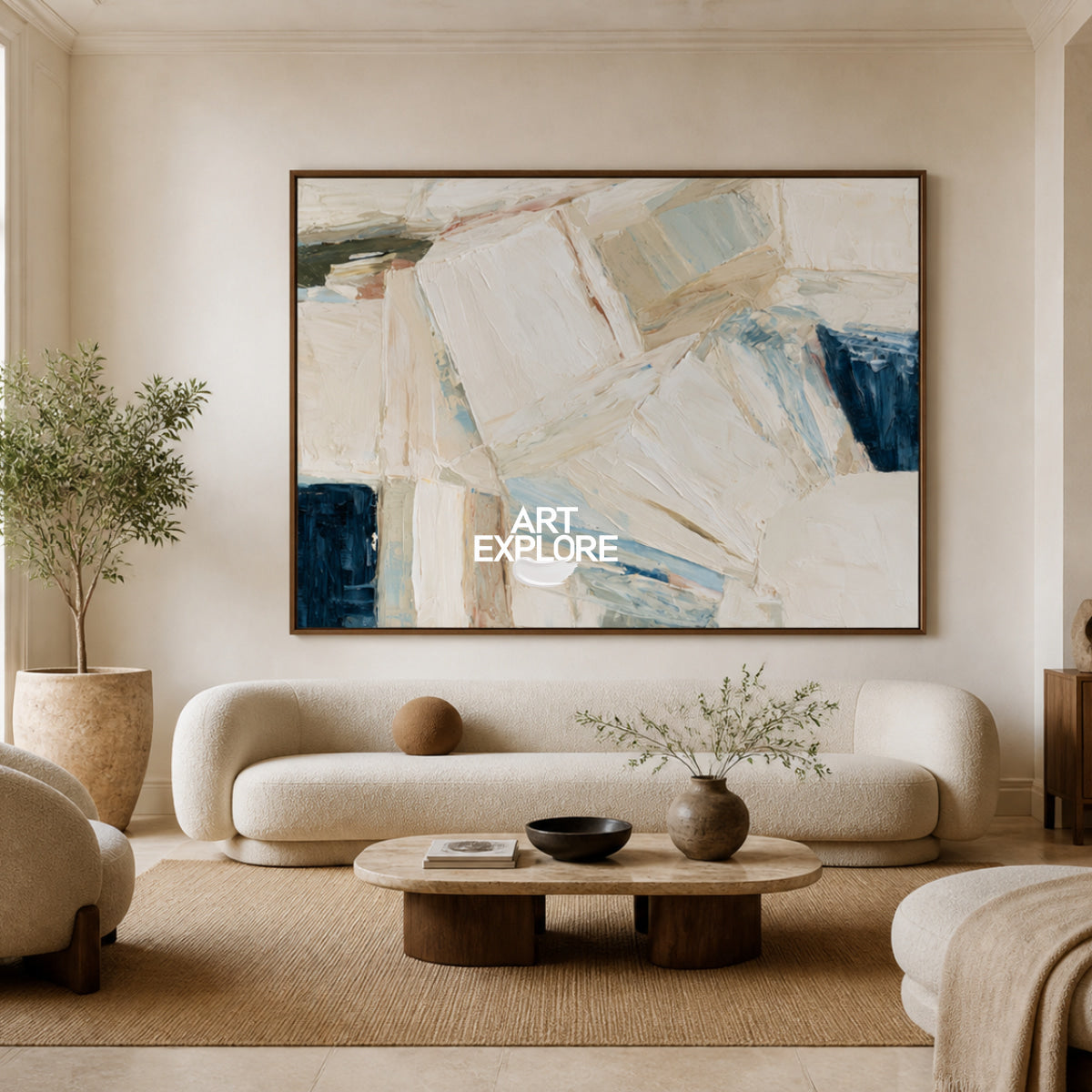 Abstract Beige And Blue Canvas Painting With Textured Impasto Strokes