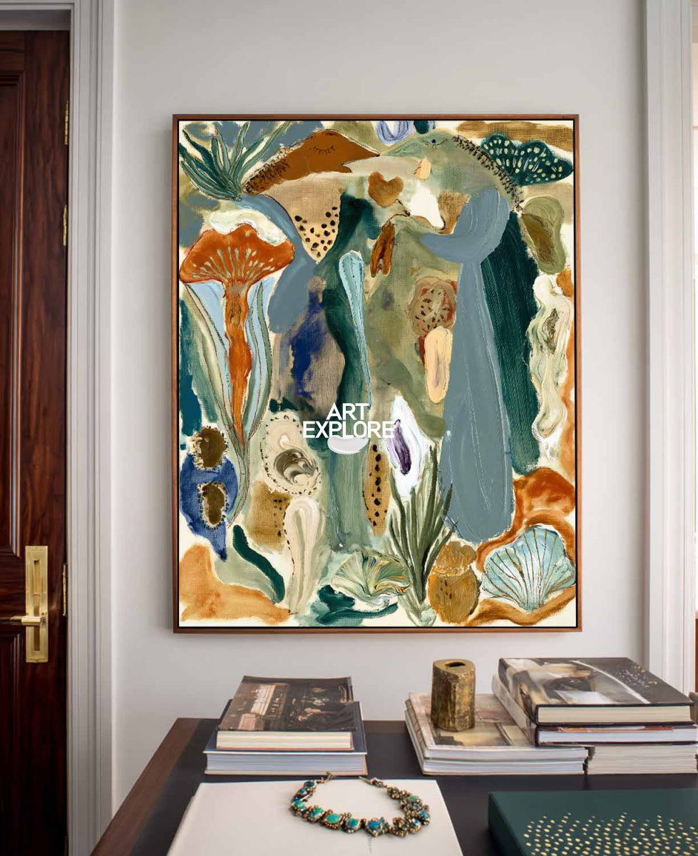 Abstract Botanical Canvas Painting In Green And Blue Hand-Painted Wall Art