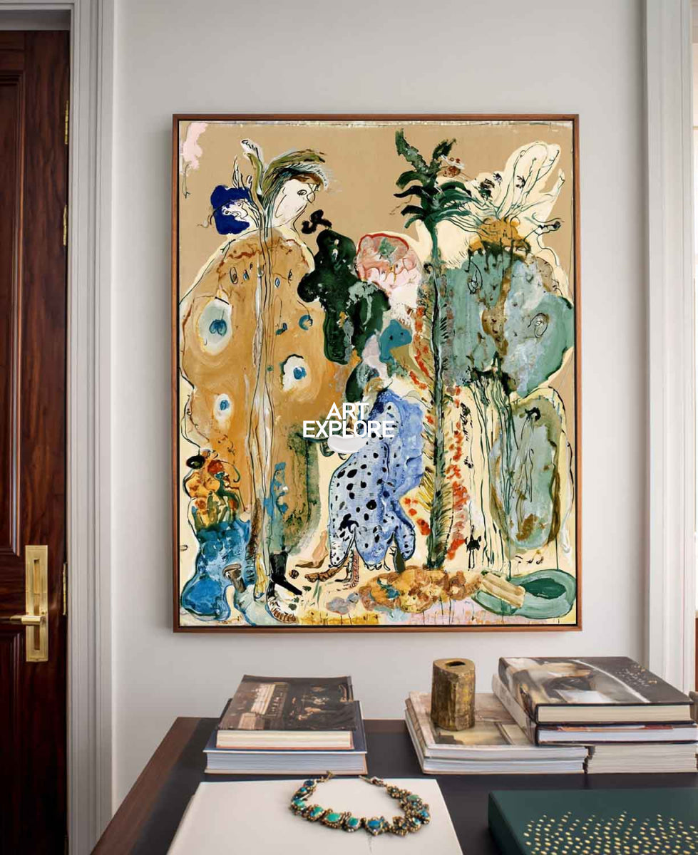Abstract Botanical Canvas Painting In Earthy Brown And Green Tones