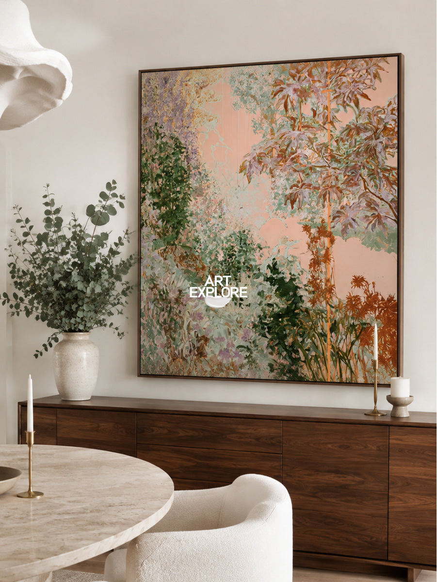 Abstract Pink And Green Botanical Canvas Painting Hand-Painted Wall Art