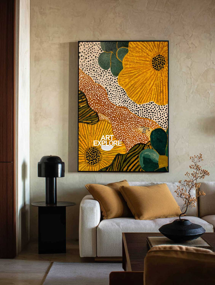 Abstract Floral Painting With Orange And Green Tones For Modern Living Room Decor