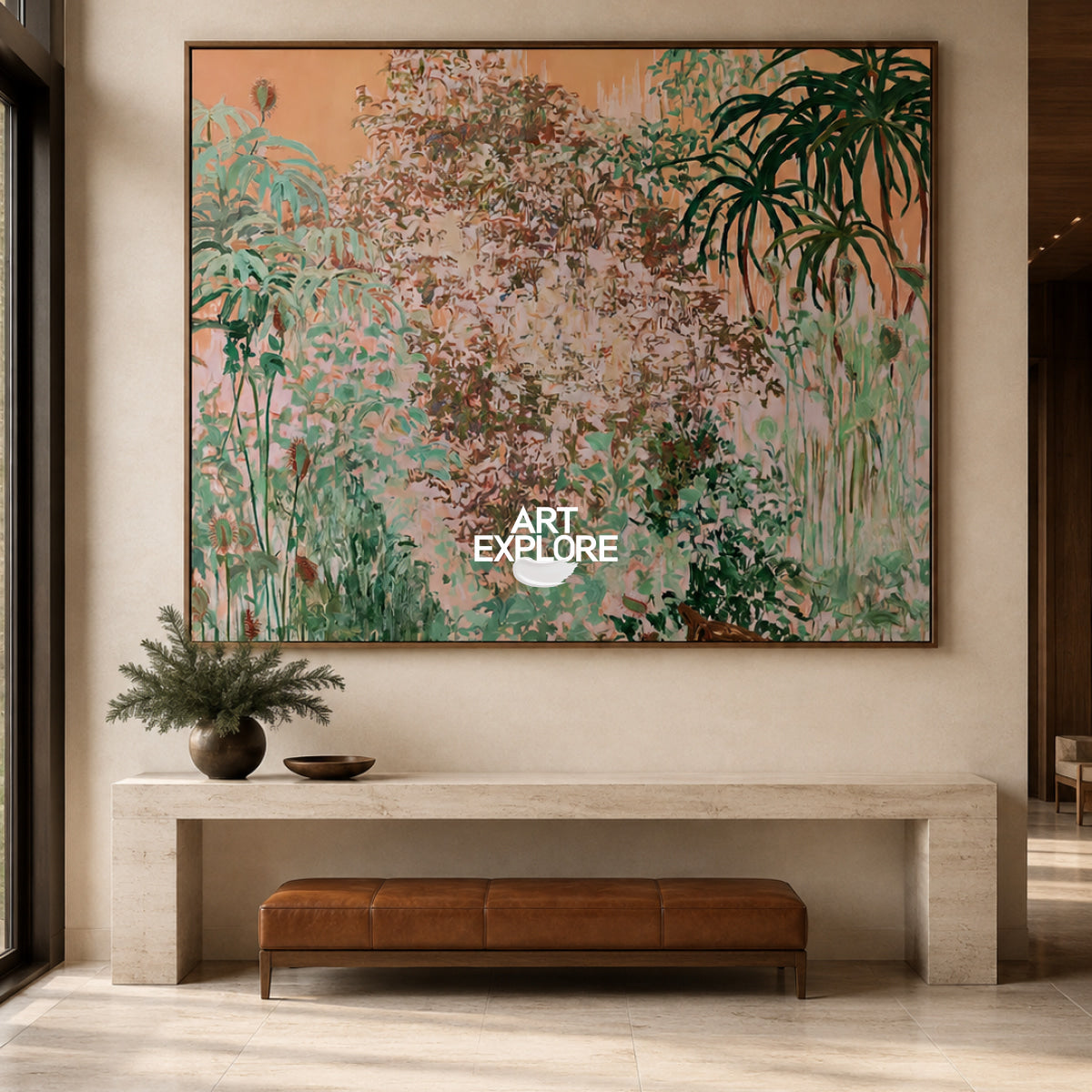 Abstract Pink And Green Botanical Canvas Painting Hand-Painted Wall Art For Modern Home