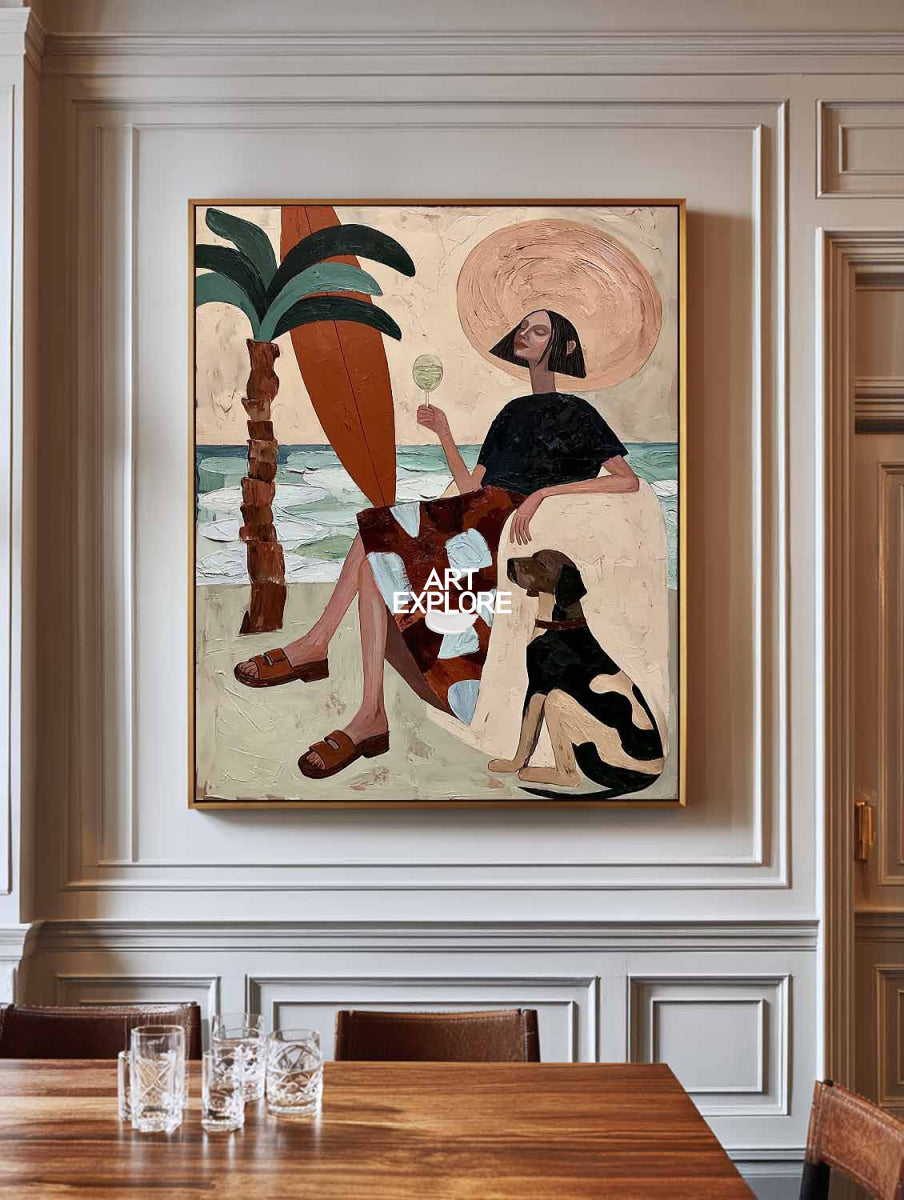 Abstract Woman And Dog Canvas Painting Hand-Painted Wall Art In Warm Beige Tones