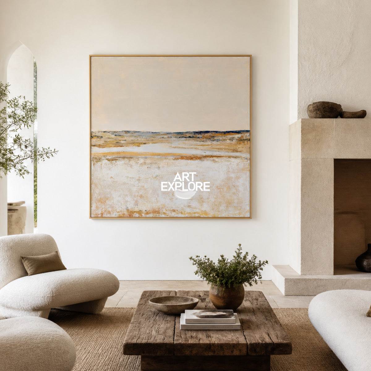 Abstract Horizon Landscape Canvas Painting In Beige And Brown Tones