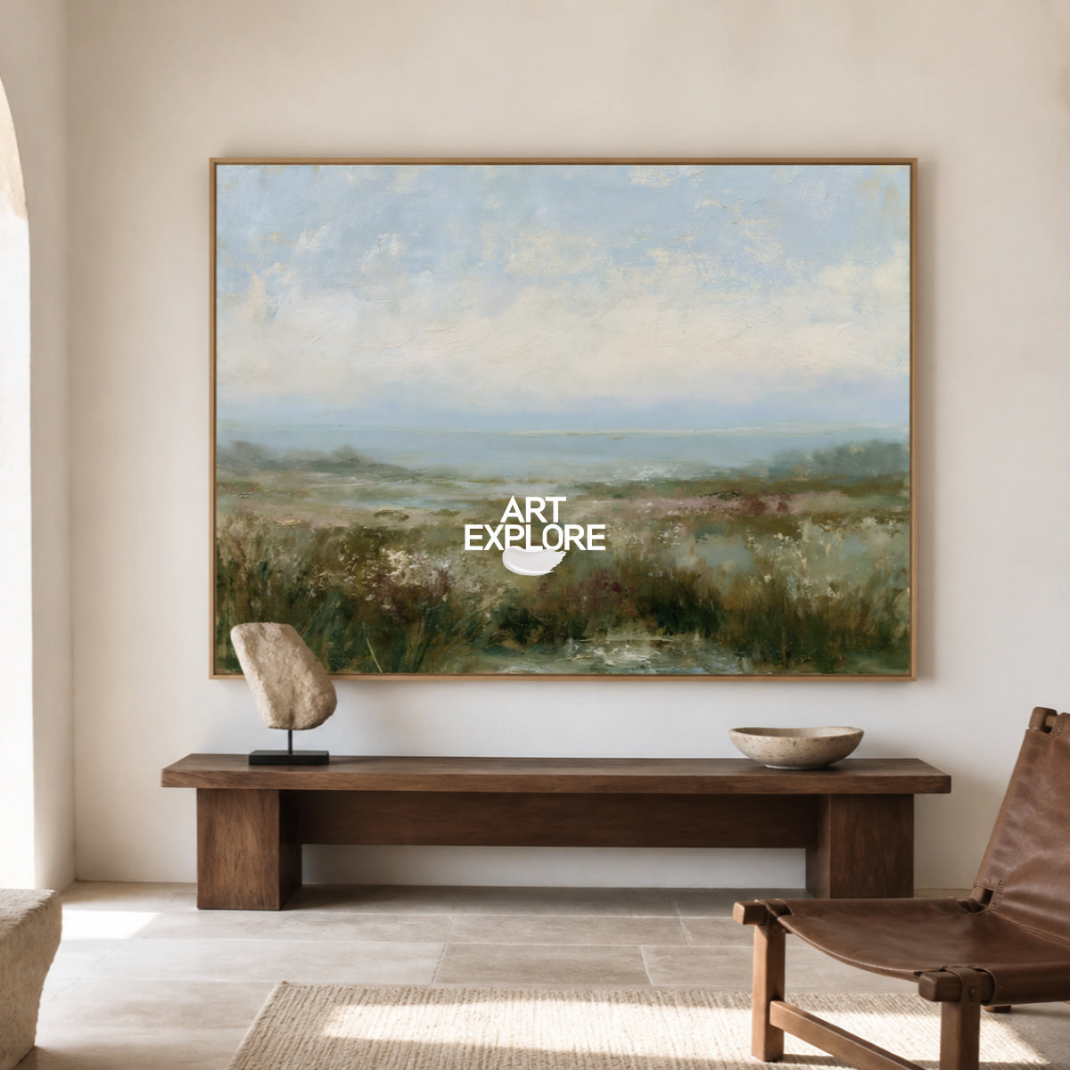 Hand-Painted Coastal Seascape Canvas Painting With Blue And Green Tones