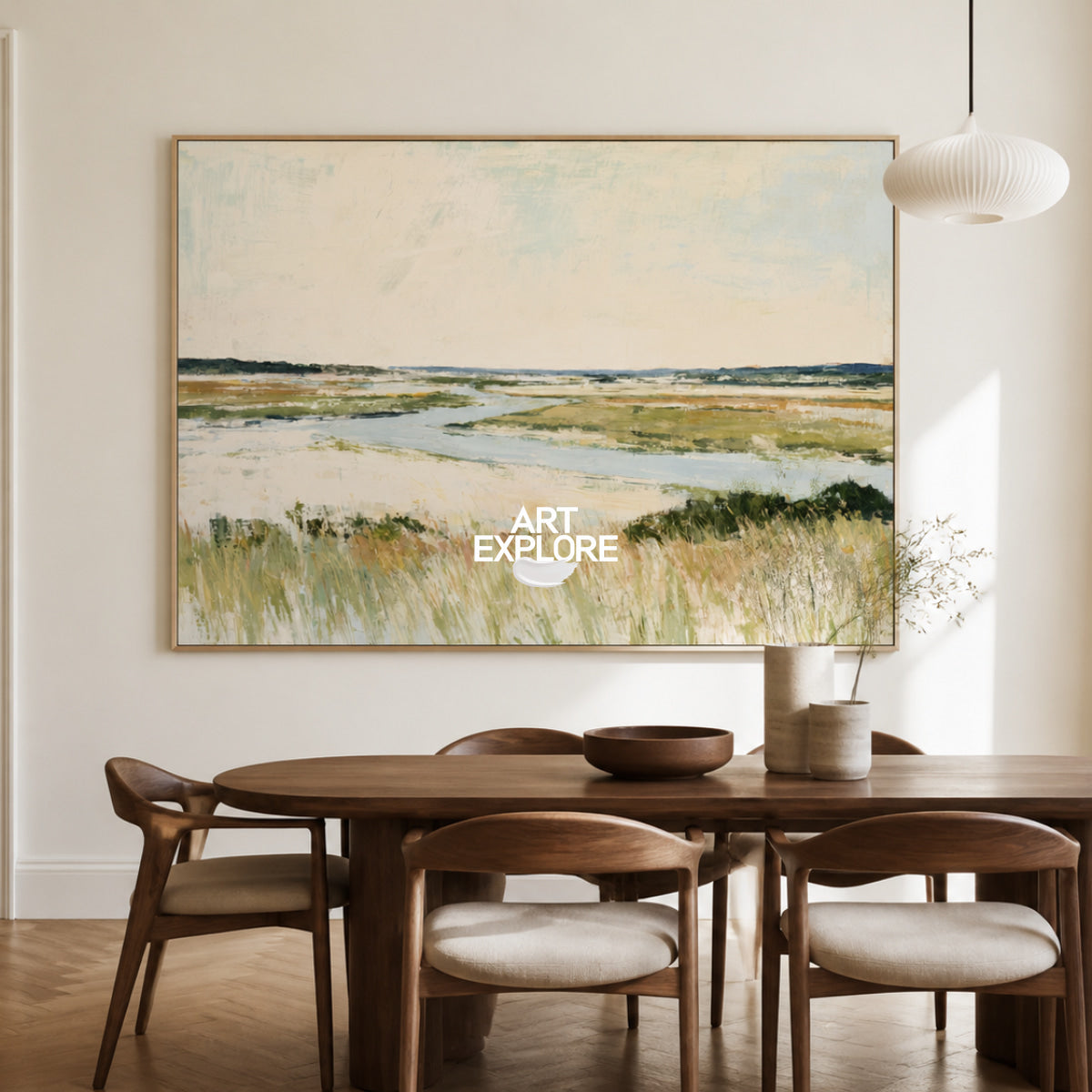 Hand-Painted Coastal Landscape Canvas Art In Warm Beige And Blue Tones