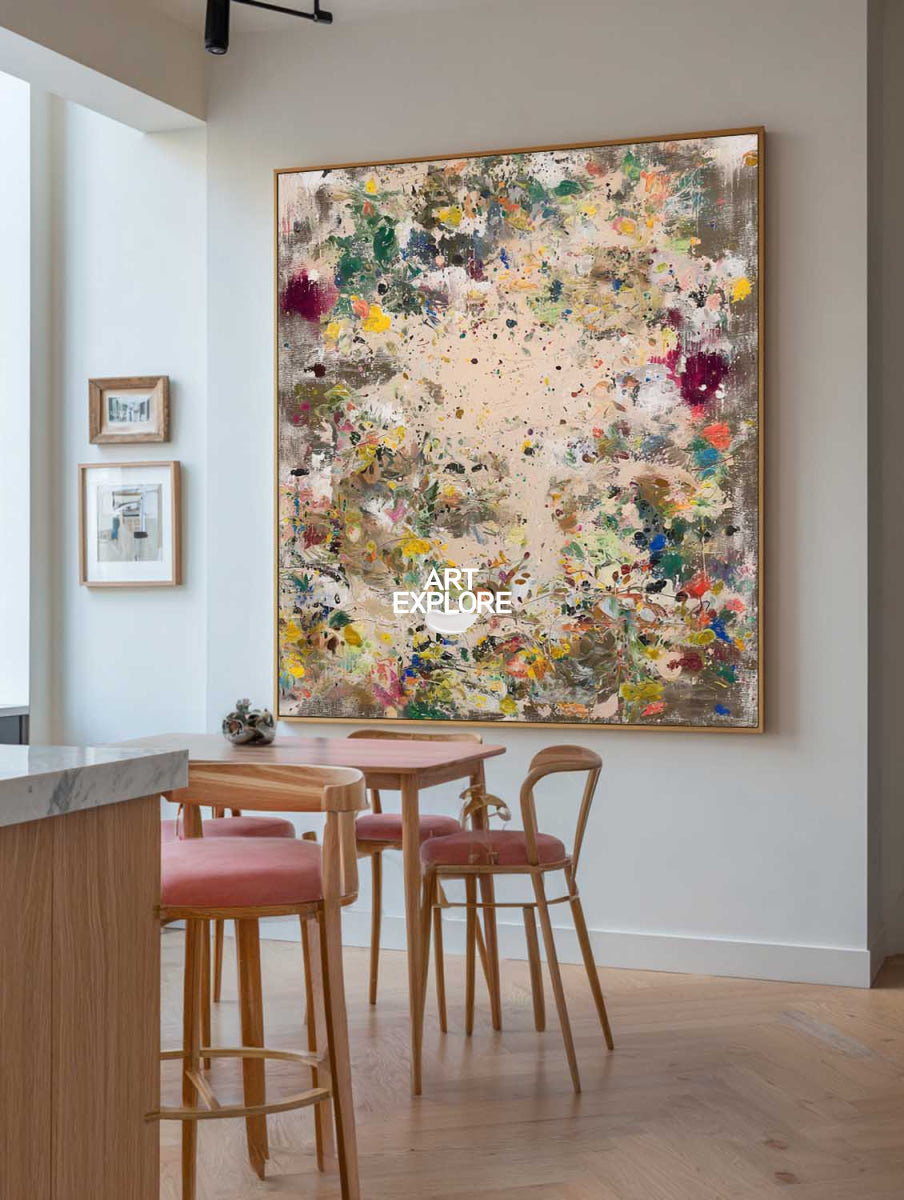 Abstract Beige And Brown Canvas Painting With Colorful Splashes