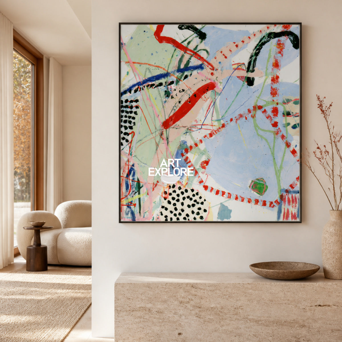Colorful Abstract Canvas Painting With Red And Blue Lines For Modern Wall Art