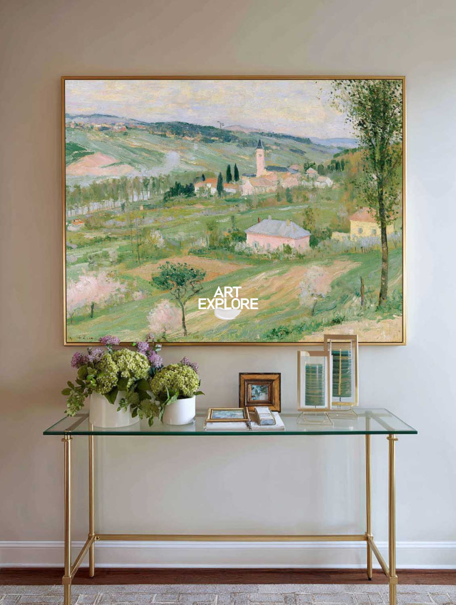 Hand-Painted Abstract Green And Pink Countryside Impressionist Landscape Canvas Art