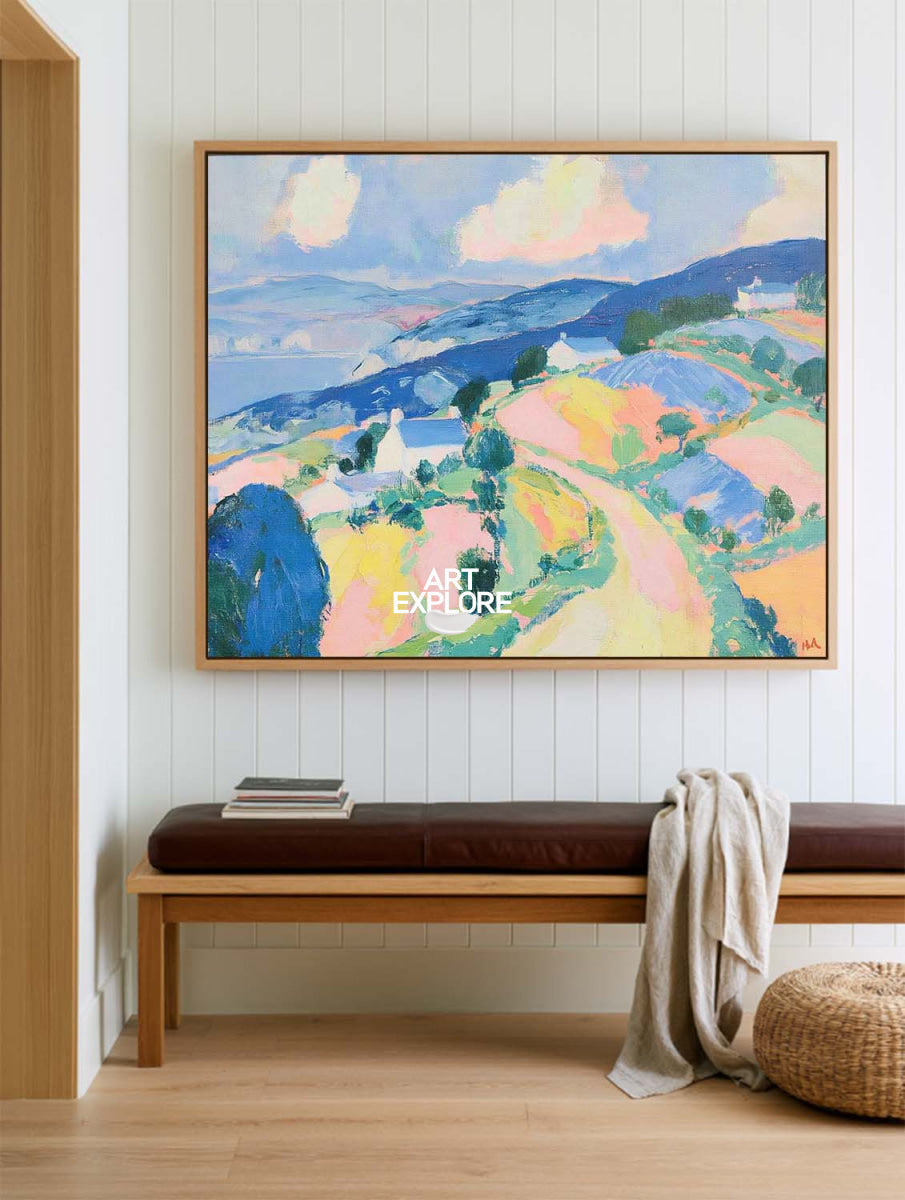 Hand-Painted Abstract Hills Landscape Canvas Painting With Blue And Pink Tones