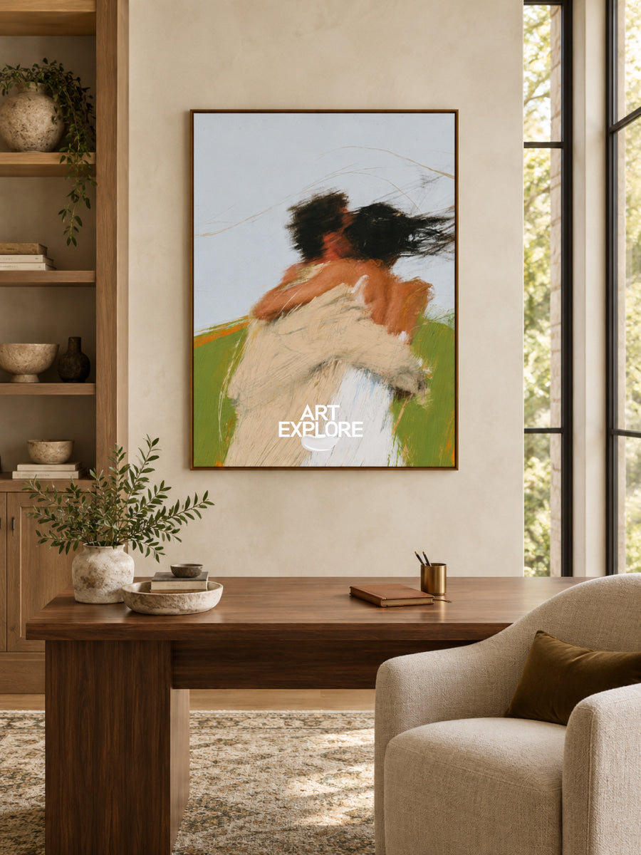 Abstract Couple Embrace Minimalist Canvas Painting In Beige And Brown