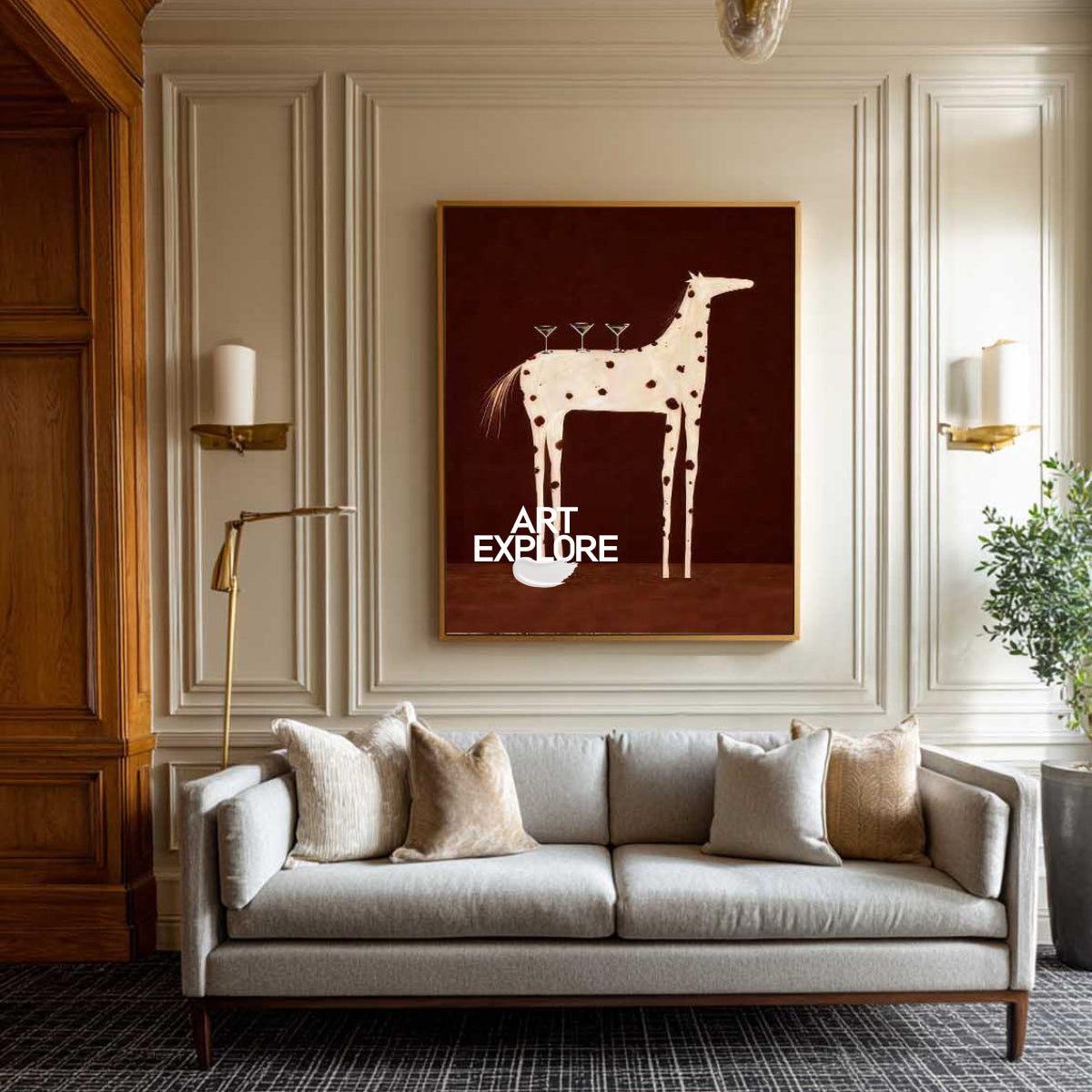 Original Folk Art Horse Painting With Martini Glasses For Dining Room Wall Decor