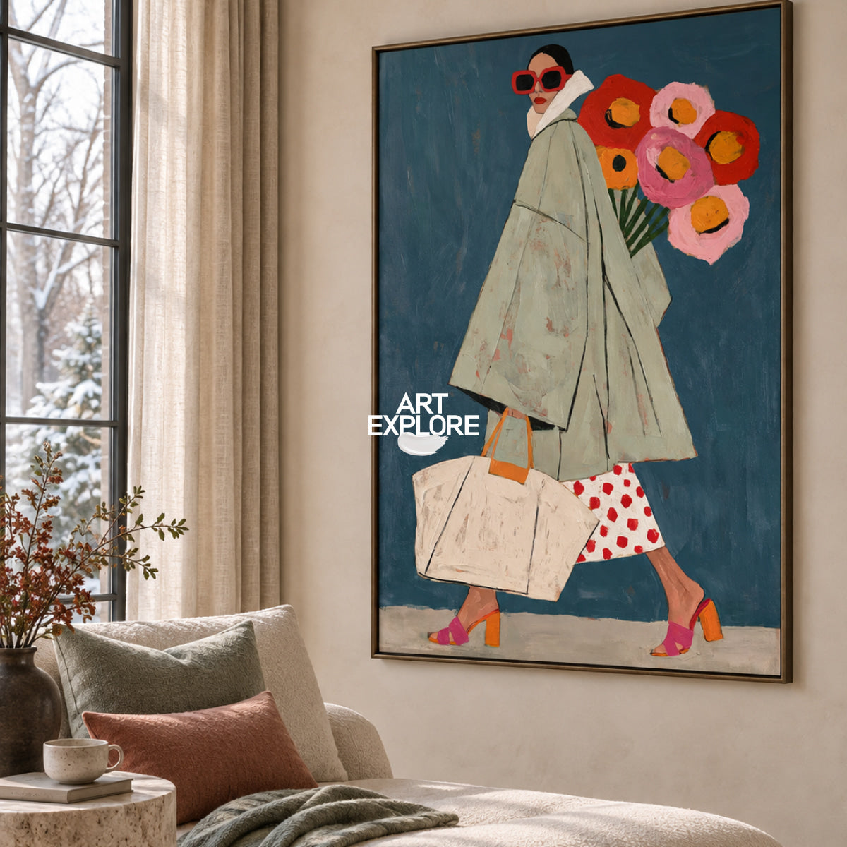 Pop Art Style Canvas Painting Abstract Woman In Green Coat Original Art
