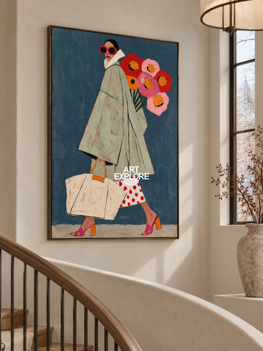 Pop Art Style Canvas Painting Abstract Woman In Green Coat Original Art