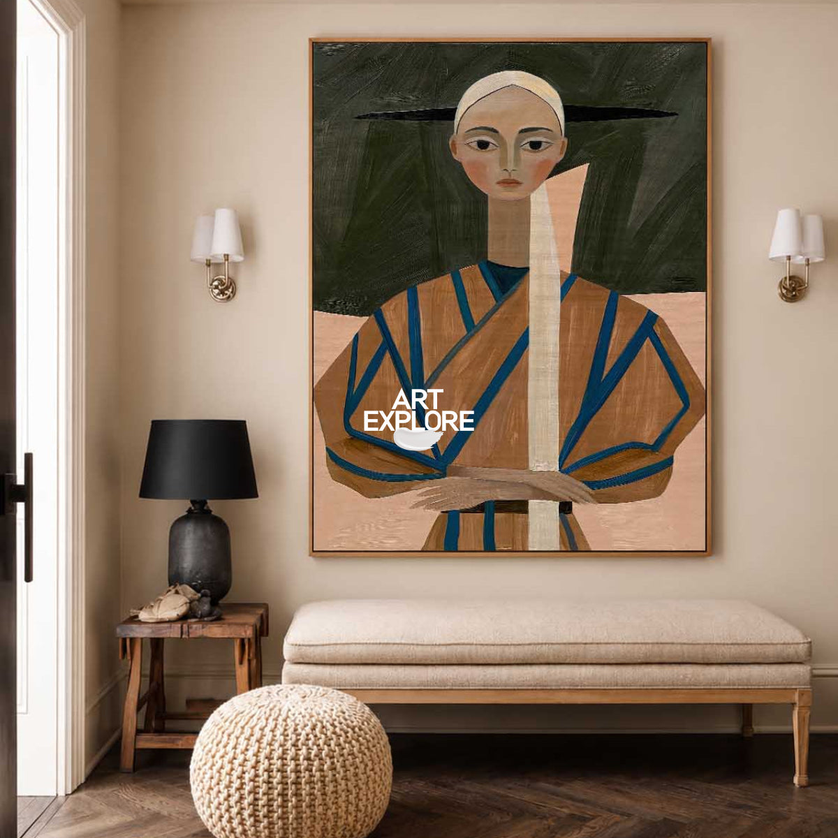 A large framed art print depicting a stylized woman in a fan-like dress with a bird, displayed on a beige wall in a modern living room setting above a bench.