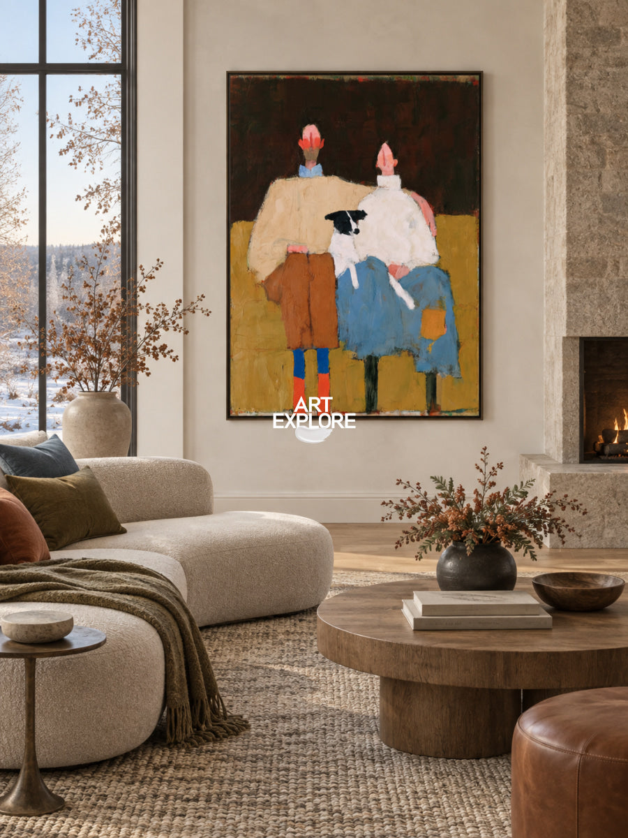 Warm Brown Wall Art For Living Room Modern Abstract Painting With Couple With Dog