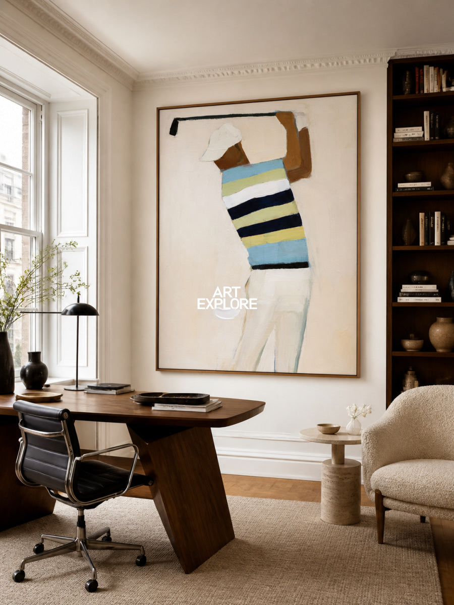 Modern Sports Wall Art For Office Abstract Golfer Painting In Beige