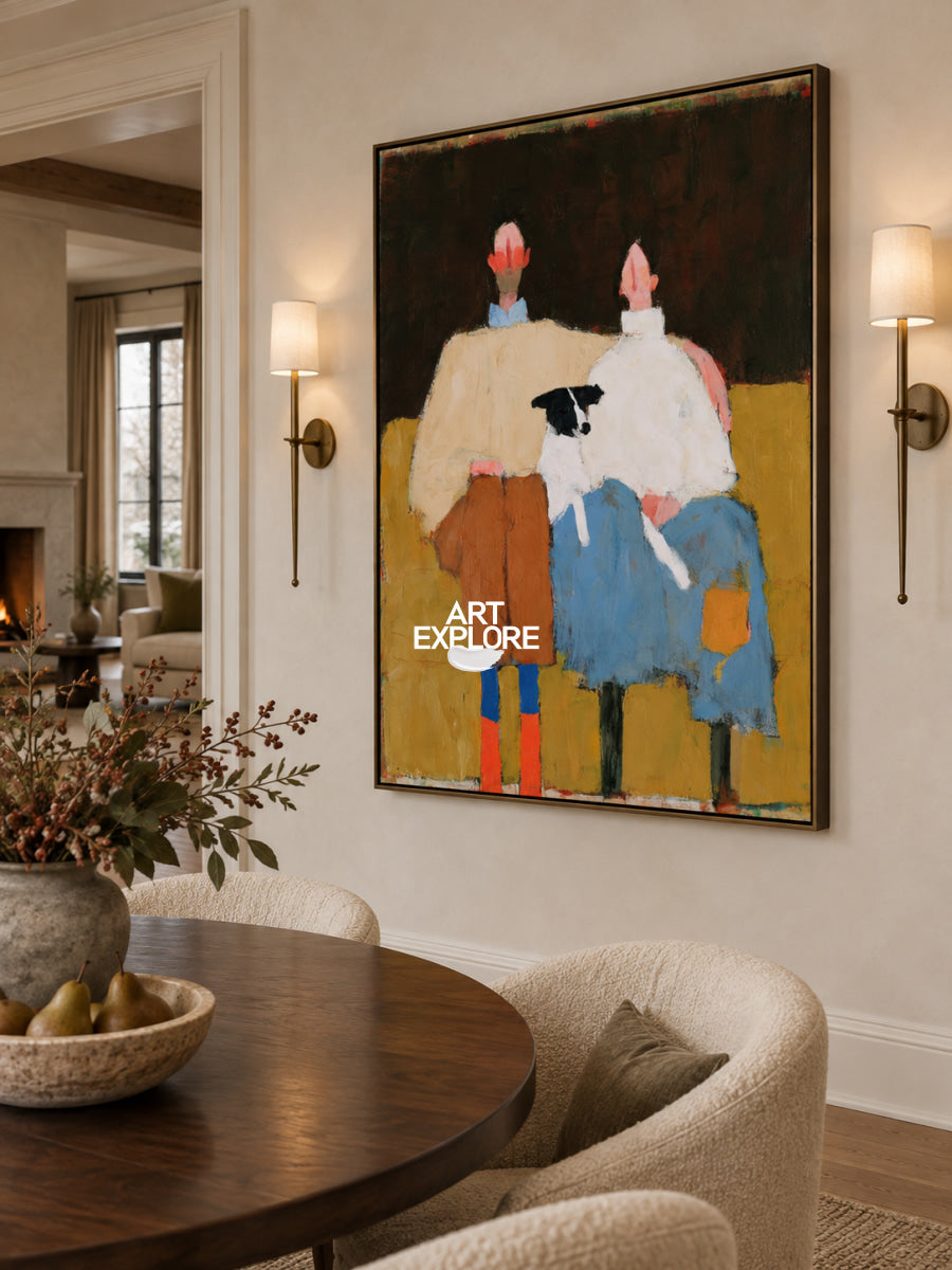 Warm Brown Wall Art For Living Room Modern Abstract Painting With Couple With Dog