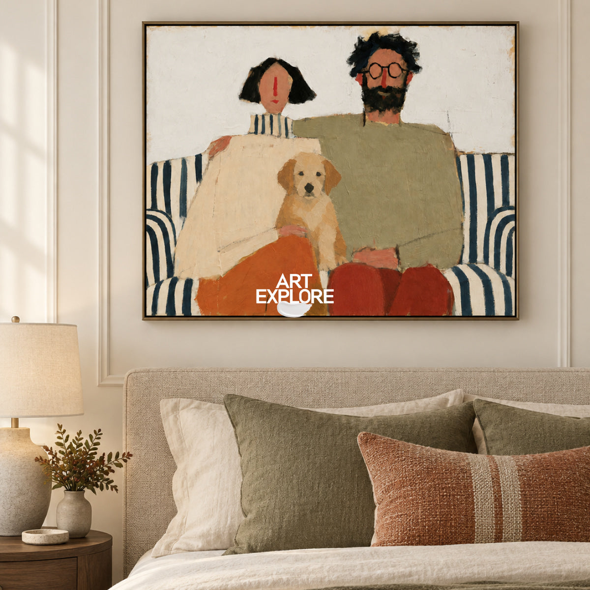 Hand-Painted Modern Abstract Art Expressive Couple And Pet On Canvas