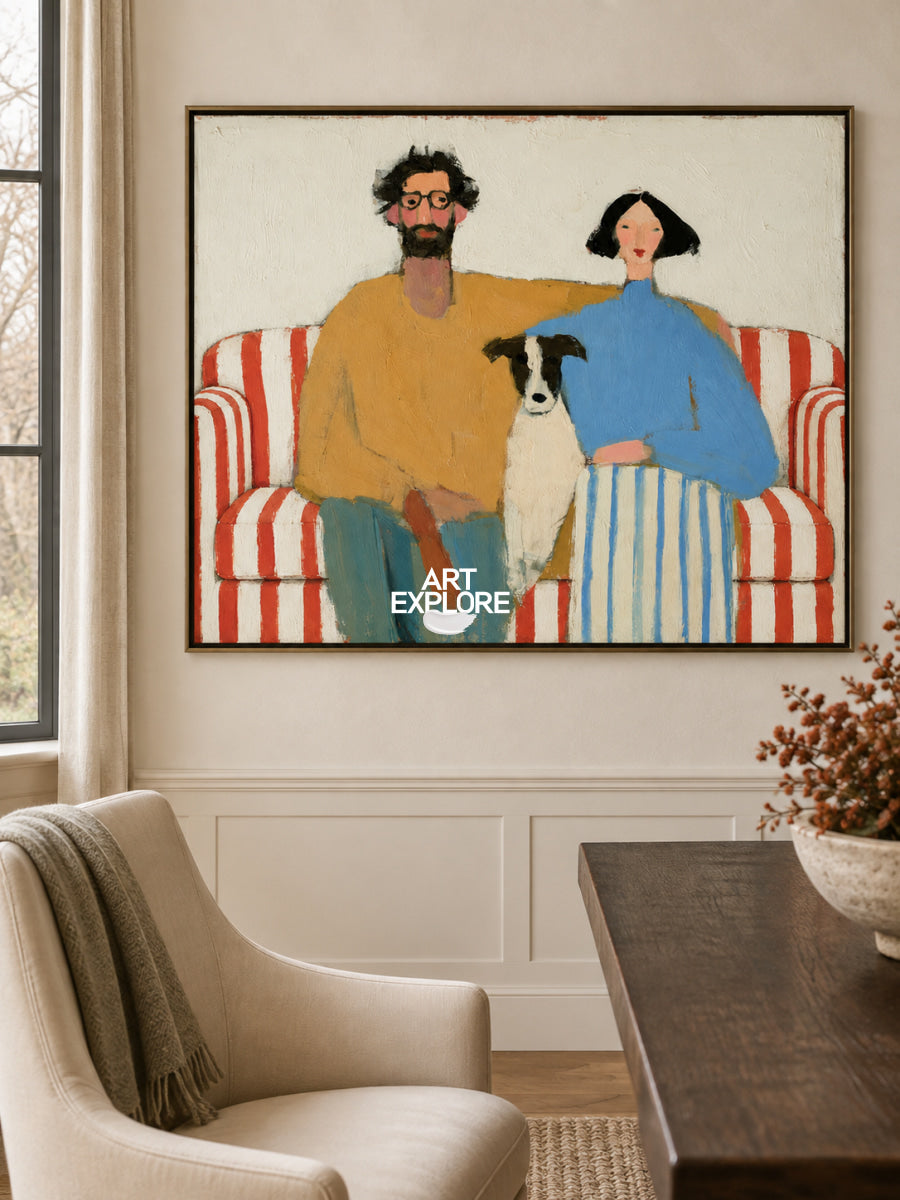 Abstract Couple And Dog Painting On Red Striped Sofa Hand-Painted Canvas Art