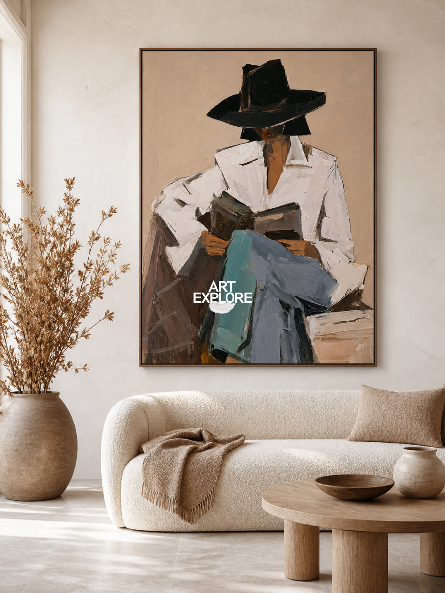 Minimalist Female Portrait Canvas Painting With Black Hat And White Shirt In Beige Tones