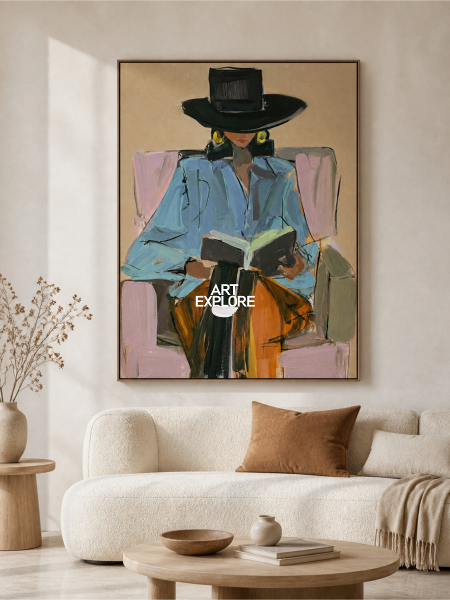 Abstract Woman Reading Canvas Painting In Brown Tones Hand-Painted Wall Art