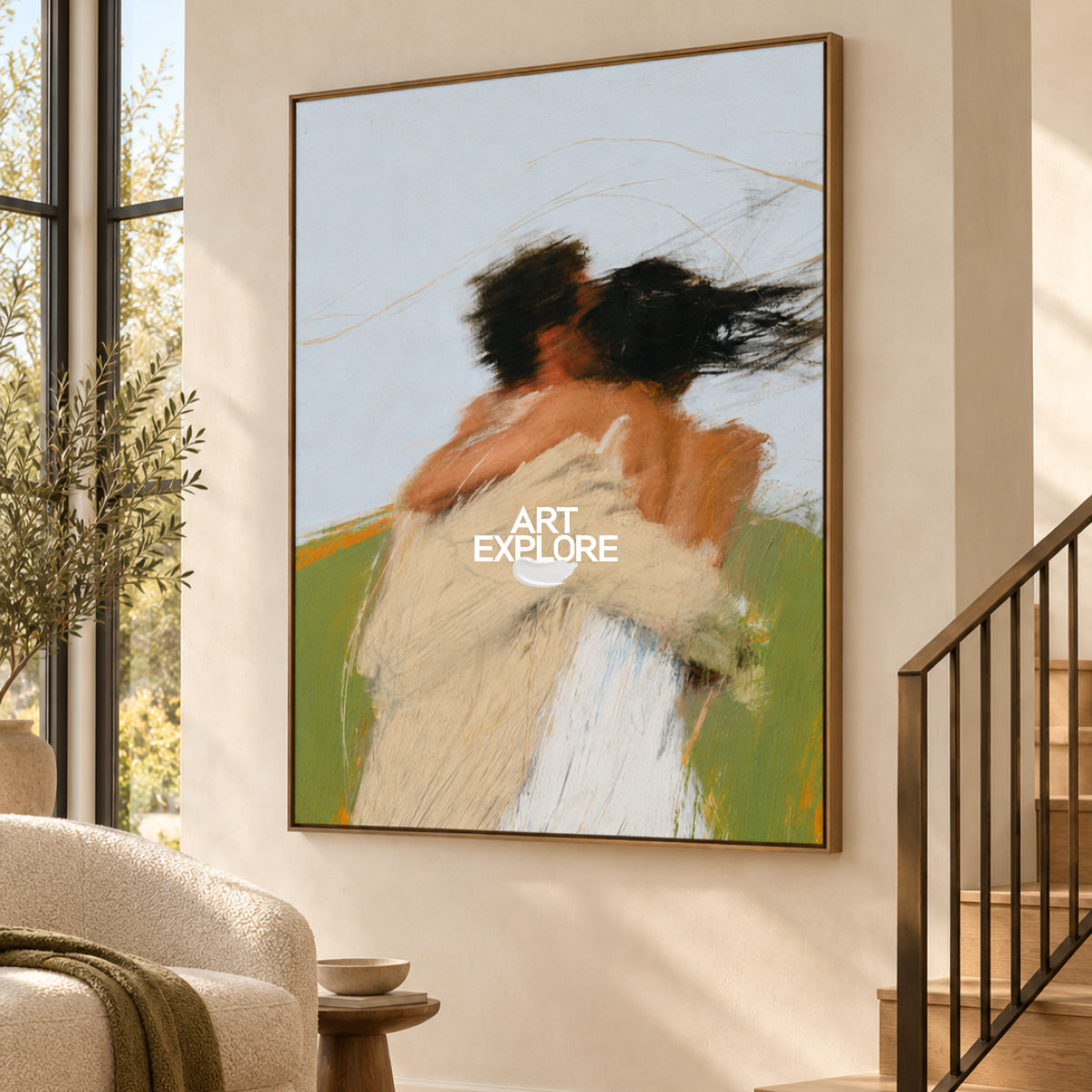 Abstract Couple Embrace Minimalist Canvas Painting In Beige And Brown