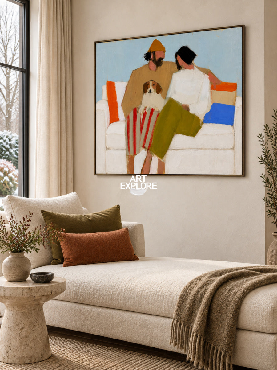 Abstract Couple And Dog Painting On Canvas For Modern Home Decor