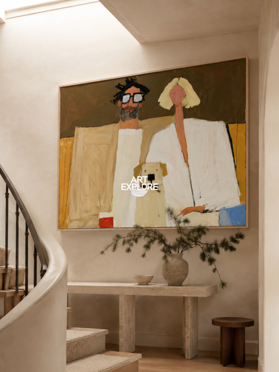 Minimalist Contemporary Art With Dog And Couple Warm Earthy Colors
